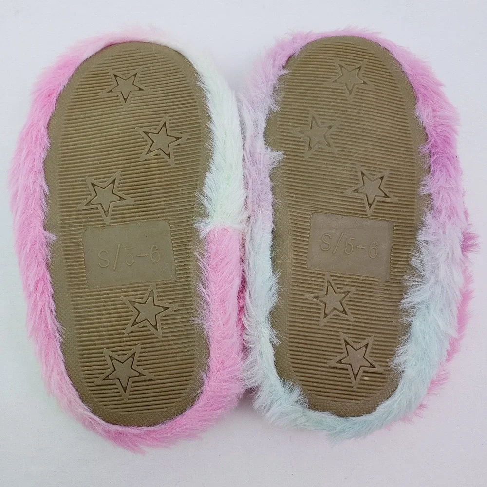Csfry Toddler Girls Size S 5/6 Rainbow Unicorn Faux Fur Slip On Slippers